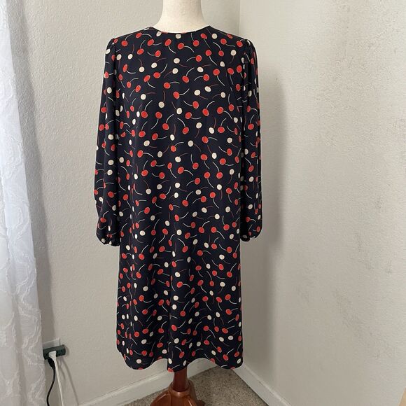 Ann Taylor Womens Large Cherry Print Shift Dress Long Sleeve Knee Length Blue - Picture 2 of 10